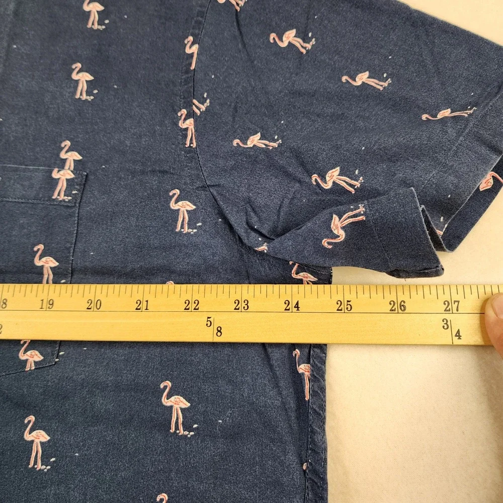 J.Crew Button Down Mens XL Navy Blue Flamingo Print Slim‎ Fit Short Sleeve Shirt